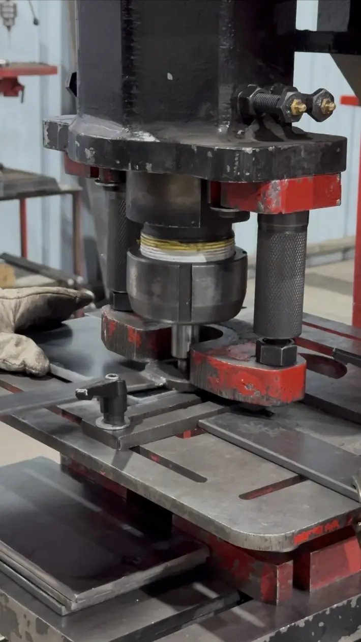 Detalle del punzón hidráulico trabajando sobre una pieza metálica